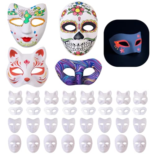 YVDNHP 32 Stück weiße Pappmaché-Masken zum Basteln, 4 Stile, Blanko-Masken zum Bemalen, Maskenball, Cosplay, Tanzparty YVDNHP 32 Stück weiße Pappmaché-Masken zum Basteln, 4 Stile, Blanko-Masken zum Bemalen, Maskenball, Cosplay, Tanzparty von YVDNHP