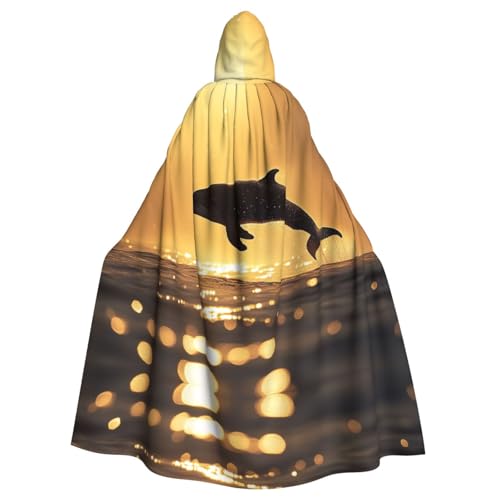 YVNKHKU Goldener Moment mit Hintergrundbeleuchtung, Delfine, modischer Kapuzenumhang – stilvoller und vielseitiger Umhang für Halloween und mehr von YVNKHKU