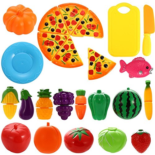 NIWWIN 24 PCS Spiel Essen Set für Kinder Kunststoff Schneiden Pizza Obst und Gemüse vorgeben Spielen Set von NIWWIN