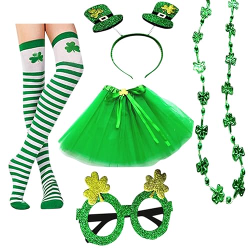 Damen Mittelalter Kleid mit Trompetenärmel St. Patrick's Day Zubehör Irish Green Stirnband Brille Rock Fünfteiliges Set Aerith Cosplay Kostüm (Green, One Size) von YWBleked