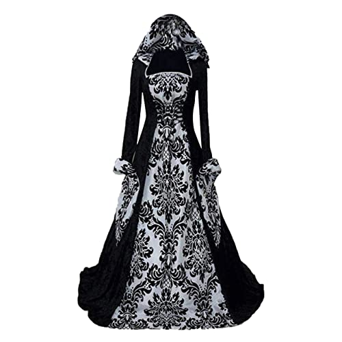 Goth Dress Womens Dinner Medieval Hooded Swing Dress Print Retro Art Long Sleeve Tie Waist Ouma Kokichi Cosplay Kostüm Weiß (Black, M) von YWBleked