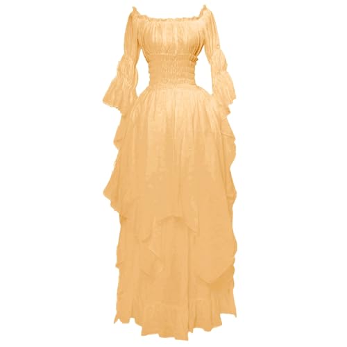 Halloween Costumes Damen High Low Kleid Puffärmel Schulterfrei Rüschen Mittelalter Kostüm Für Frauen Kleid Cosplay Bajonett Cosplay Kostüm (Yellow, M) von YWBleked