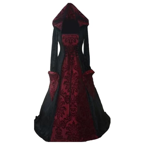 Halloween Kostüm Herren Damen Mittelalterliches Swing Kleid mit Kapuze, Print, Retro Kunst, Lange Ärmel, Taillenbund Kinder Cosplay Kostüme Anime (Red, XXXL) von YWBleked