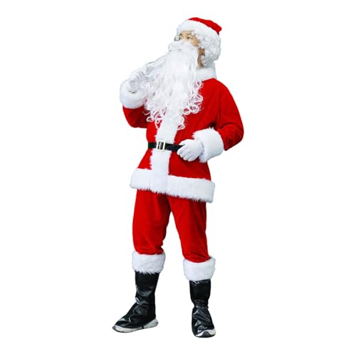 Halloween-Kostüm Herren Weihnachtsmann-Kostüm für Herren, Weihnachtsmannanzug für Erwachsene, 9-teilig, Weihnachtsmannmütze, Oberteil, Hose, Gürtel, Bart, Cosplay-Kostüme Für Erwachsene (Red, XXXL) von YWBleked
