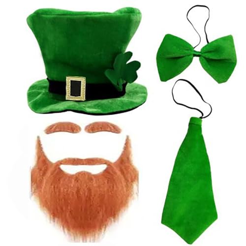 Halloween Kostüme St. Patrick's Day Kostümset mit grünem Zylinder, Fliege, Krawatte und rotem Bart als Accessoire für Partys und Veranstaltungen Mein Held Akademie Cosplay Kostüm ( Brown, One Size) von YWBleked