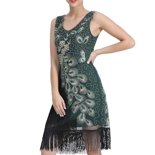 Halloween Maid Kostüm Outfit Set 1920er Jahre Pailletten Quasten Minikleid, Retro Pailletten Quasten Tanzkleid, doppeltes V Ausschnitt Kleid, Party Minikleid Kiyotaka Ishimaru ( Army Green, XXL) von YWBleked