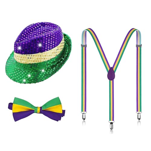 Kostüme Halloween Herren Karneval Funkelndes dreifarbiges Dreiteiliges Set mit Hutriemen und Krawatte, trendiges, lässiges, cooles Business Set in Blockfarben Superheldenkostüm ( Purple, One Size) von YWBleked