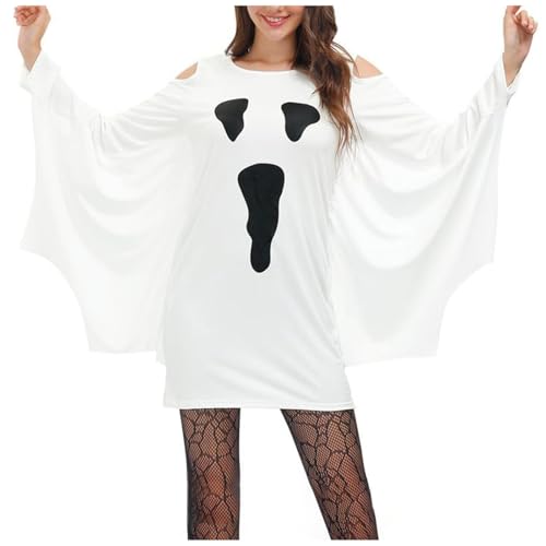 YWBleked G-o-t-h-i-c Kleid Damen Halloween-Fledermaus-Kostümkleid für Damen mit kalten Schultern Geralt-Cosplay-Kostüm (White, One Size) von YWBleked