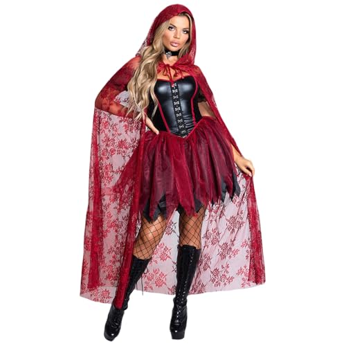 YWBleked Goth-i-c Kleid Weihnachtskostüm für Damen, Charakter-Anzieh-Performance-Kleidung Wikinger-Cosplay-Kostüme Für Damen (Red, L) von YWBleked