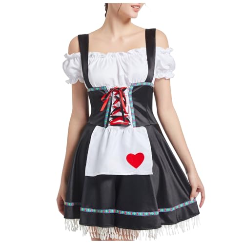 YWBleked Halloween Costume Bayerisches Bierfestkostüm: Traditionelles Oktoberfestkleid für Damen mit herzförmigem Fransensaum, perfekt für Festliche Partys und Halloween Cosplay (Black, XXL) von YWBleked