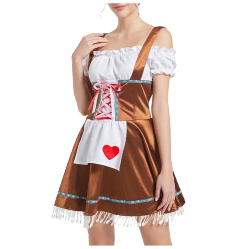YWBleked Halloween Costume Bayerisches Bierfestkostüm: Traditionelles Oktoberfestkleid für Damen mit herzförmigem Fransensaum, perfekt für Festliche Partys und Halloween Cosplay (Coffee, XL) von YWBleked
