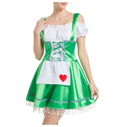 YWBleked Halloween Costume Bayerisches Bierfestkostüm: Traditionelles Oktoberfestkleid für Damen mit herzförmigem Fransensaum, perfekt für Festliche Partys und Halloween Cosplay (Green, XXL) von YWBleked