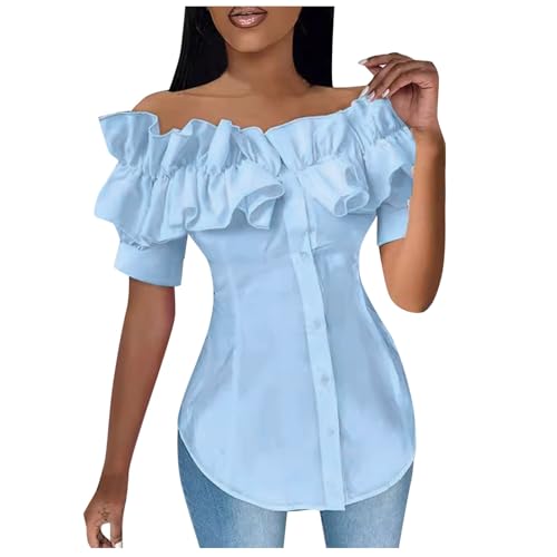 YWBleked Halloween Kostü M Damen Schulterfreies Oberteil mit mehrlagigen Rüschen und Knopfleiste, asymmetrischem Saum, Damen Oberteil mit Rüschenbesatz, schulterfrei, Mandalorianisches (Blue, XL) von YWBleked