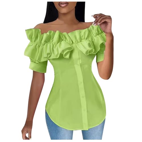 YWBleked Halloween Kostü M Damen Schulterfreies Oberteil mit mehrlagigen Rüschen und Knopfleiste, asymmetrischem Saum, Damen Oberteil mit Rüschenbesatz, schulterfrei, Mandalorianisches (Green, L) von YWBleked