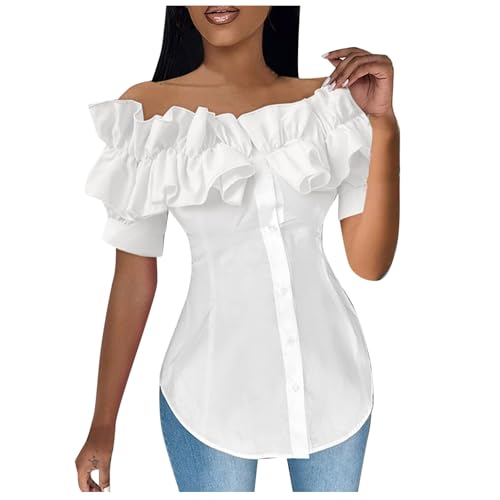 YWBleked Halloween Kostü M Damen Schulterfreies Oberteil mit mehrlagigen Rüschen und Knopfleiste, asymmetrischem Saum, Damen Oberteil mit Rüschenbesatz, schulterfrei, Mandalorianisches (White, M) von YWBleked