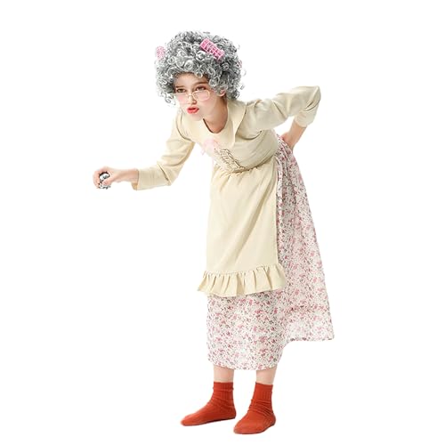 YWBleked Halloween Kostüm 100. Schultag Kinder Alte Dame Kostüm Mädchen Oma Kleid 100 Jahre Oma Katsuki Bakugou Cosplay-Kostüm (Beige, 110) von YWBleked