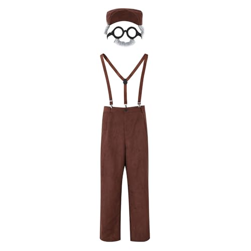 YWBleked Halloween Kostüm Herren Halloweenkostüm für Erwachsene, Alter Mann mit Karierten Hosenträgern Furries Kostüm Cosplay Ganzkörper (Coffee, L) von YWBleked
