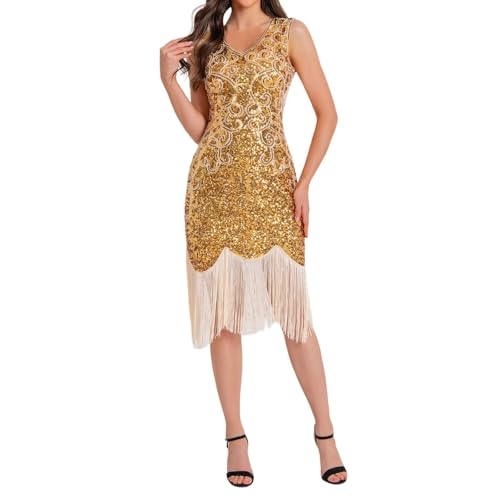 YWBleked Halloween Kostüm Renaissance Plus Size Fransen Persönlichkeit Pailletten Perlen Quasten Saum Flapper Kleid für Frauen Floppy Cosplay Kinderkostüm (Beige, M) von YWBleked