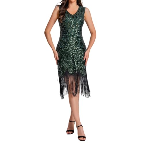 YWBleked Halloween Kostüm Renaissance Plus Size Fransen Persönlichkeit Pailletten Perlen Quasten Saum Flapper Kleid für Frauen Floppy Cosplay Kinderkostüm (Dark Green, XXL) von YWBleked