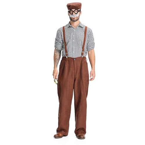 YWBleked Halloween Kostüm für Damen Halloweenkostüm für Erwachsene, alter Mann mit kariertem Hemd und Hosenträgern Cosplay-Kostüm Xl (Black, XXL) von YWBleked