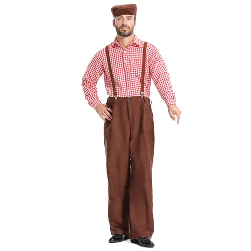 YWBleked Halloween Kostüm für Damen Halloweenkostüm für Erwachsene, alter Mann mit kariertem Hemd und Hosenträgern Cosplay-Kostüm Xl (Red, XL) von YWBleked