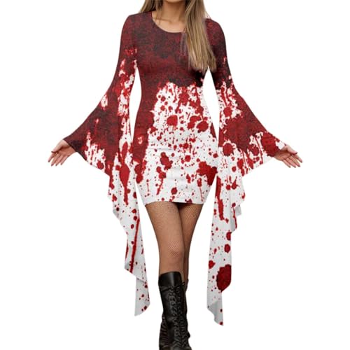 YWBleked Halloween Kostüme Weibliches Gothic Punk Fledermausärmel Halloween Bedrucktes unregelmäßiges Partykleid Billige Anime Cosplay Kostüme Weiblich (Red, L) von YWBleked