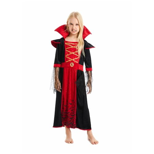YWBleked Halloween Kostume Mittelalterliches Performance Kostüm für Mädchen und Kinder, langärmeliges Kleid mit Kapuze und Taille, Cosplay Kostüme, Retro Gerichtskleid Weibliches (Red, 7 10 Years) von YWBleked