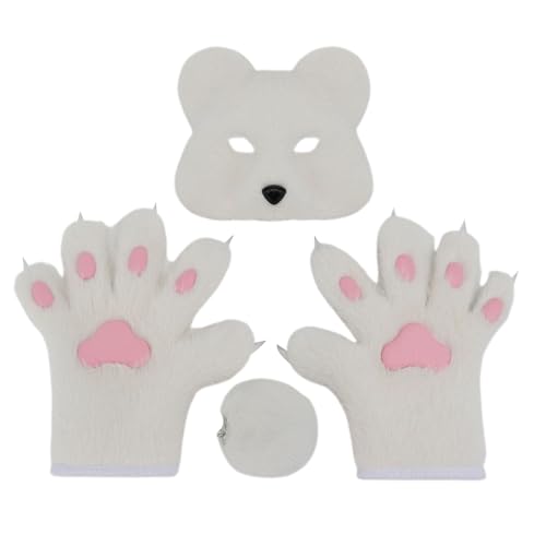 YWBleked Halloween-MaskenHalloween-Kostümset mit realistischen Bärenhandschuhen, Schwanz für Cosplay-Anime-Conventions Kostümpartys Falscher Bart Mit Schnurrbart (White, 25x8cm) von YWBleked