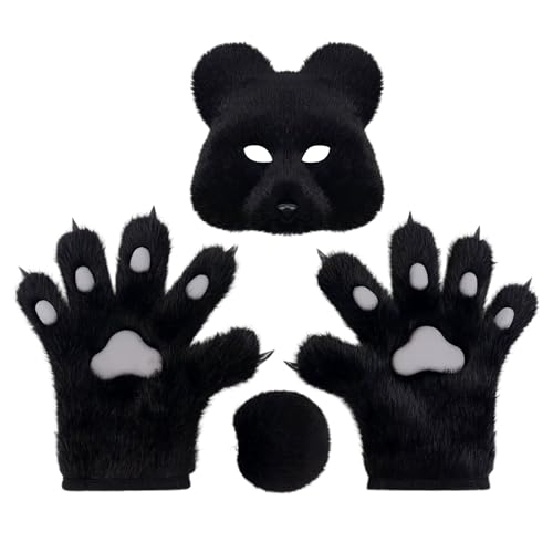 YWBleked Halloween MaskenHalloween-Kostümset mit realistischen Bärenhandschuhen, Schwanz für Cosplay-Anime-Conventions Kostümpartys Mehrfarbig (Black, 25x8cm) von YWBleked
