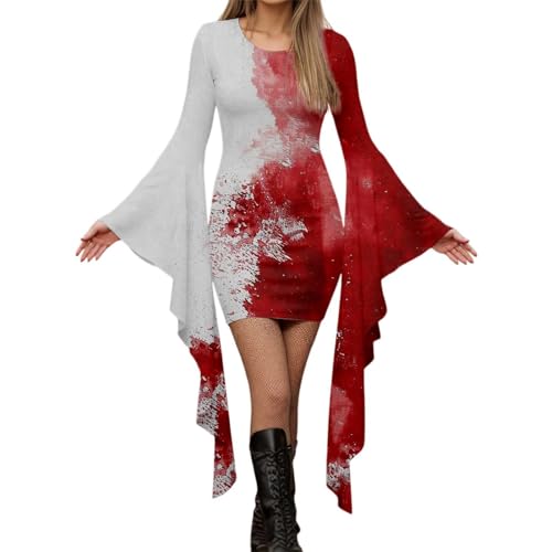 YWBleked Hellowin Kostüme Weibliches Gothic Punk Fledermausärmel Halloween Bedrucktes unregelmäßiges Partykleid Sonnentropfen-Cosplay-Kostüm (Red, S) von YWBleked