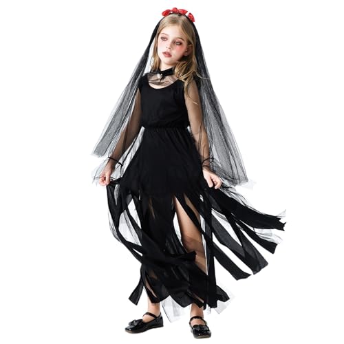 YWBleked Hexenkostüm Damen Halloween Kostüme für Kinder, Dunkles Gothic Langkleid, Party Halloween Kostüm Outfits Prinzessin Gänseblümchen Cosplay Kostüm Kinder (Black, 110) von YWBleked