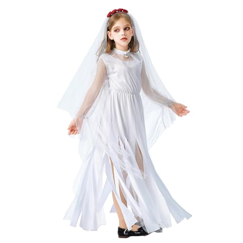 YWBleked Hexenkostüm Damen Halloween Kostüme für Kinder, Dunkles Gothic Langkleid, Party Halloween Kostüm Outfits Prinzessin Gänseblümchen Cosplay Kostüm Kinder (White, 110) von YWBleked