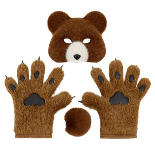 YWBleked HorrormaskeHalloween-Kostümset mit realistischen Bärenhandschuhen, Schwanz für Cosplay-Anime-Conventions Kostümpartys Super Roboter (Brown, 25x8cm) von YWBleked