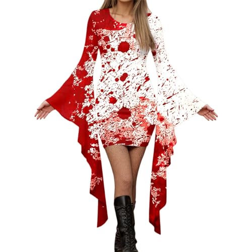 YWBleked Mittelalter Kleid Damen Weibliches Gothic Punk Fledermausärmel Halloween Bedrucktes unregelmäßiges Partykleid Schicksal 2 Cosplay Kostüme (Red, M) von YWBleked