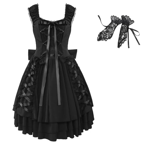 YWBleked Renaissance Kostüm Frauen Mittelalterliches Kleid Halloween Dunkles Rüschen Tutu Mittelalterkostüm Bühnenkostüm Mein Held Academia Tsuyu Asui Cosplay Kostüm (Black, L) von YWBleked