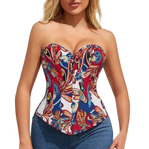 YWBleked Steampunk Herren Damen Overbust Korsett Bustier Top aus Denim mit Blumenmuster Scharlachrotes Hexenkostüm Cosplay (Blue, L) von YWBleked