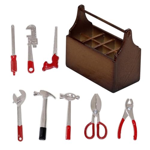 Miniatur Werkzeugkasten, Wichtel Werkzeug 8 Stück Werkzeugkiste Holz mit Werkzeug Set Miniatur Holz Toolbox Miniatur Deko von YWKJDDM