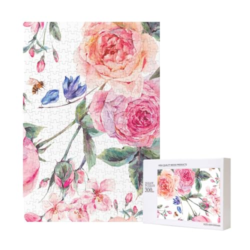 Aquarell Frühlingsblume Vintage,300 Teile Holzpuzzle Familienspiel Puzzle für Erwachsene und Jugendliche von YWSOTRE