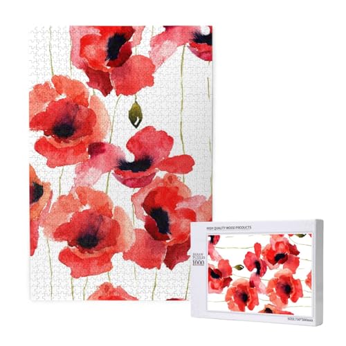 Aquarell Mohnblumen,1000 Teile Holzpuzzle Familienspiel Puzzle für Erwachsene und Jugendliche von YWSOTRE