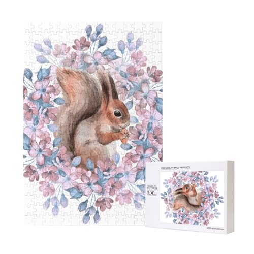 Karikatur, Eichhörnchen, Mit, Blumen,300 Teile Holzpuzzle Familienspiel Puzzle für Erwachsene und Jugendliche von YWSOTRE