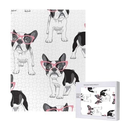 Schwarzer Frenchie Cartoon Französische Bulldogge Rosa Brille Weißer Hund,500 Teile Holzpuzzle Familienspiel Puzzles für Erwachsene und Jugendliche von YWSOTRE