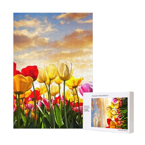 Tulpe Blume Sonnenuntergang,300 Teile Holzpuzzle Familienspiel Puzzle für Erwachsene und Jugendliche von YWSOTRE