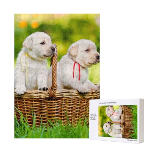 Zwei Hunde in einem Korb gedruckt,300 Teile Holzpuzzle Familienspiel Puzzle für Erwachsene und Jugendliche von YWSOTRE