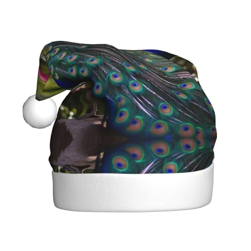YXLymxDAMAI Schöne Pfauen-Weihnachtsmütze für Erwachsene – Weihnachtsfeiertag, Unisex, klassischer Weihnachtsmannhut für Neujahrsparty, Rot von YXLymxDAMAI