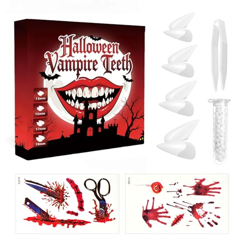 Vampir ZäHne Kinder Erwachsene,4 Paar Vampire Teeth Halloween Fangs mit Tattoo Gesicht ,Vampirzähne zum Aufstecken mit Pellets Klebstoff Wiederverwendbar für Halloween Cosplay Party Vampir ZäHne Kinder Erwachsene,4 Paar Vampire Teeth Halloween Fangs mit Tattoo Gesicht ,Vampirzähne zum Aufstecken mit Pellets Klebstoff Wiederverwendbar für Halloween Cosplay Party von YYAQZD