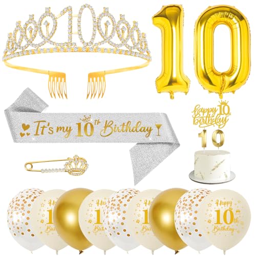 YYDSXK 10. Geburtstag Mädchen Schärpe und Krone/Tiara, Luftballon, Konfetti Luftballons, Geburtstagskerzen, Happy Birthday Tortendeko für Mädchen Geburtstagsdeko YYDSXK 10. Geburtstag Mädchen Schärpe und Krone/Tiara, Luftballon, Konfetti Luftballons, Geburtstagskerzen, Happy Birthday Tortendeko für Mädchen Geburtstagsdeko von YYDSXK