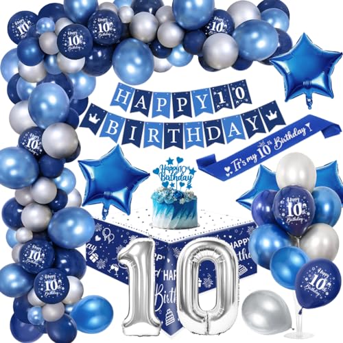10. Geburtstagdeko Junge, 10 Jahre Blau Silber Balloon Arch Kit mit Happy Birthday Banner, Cake Topper, Tischdecke, Geburtstag Sash, Große Anzahl 10 Ballon, Chrom Blau Silber Luftballons von YYDSXK