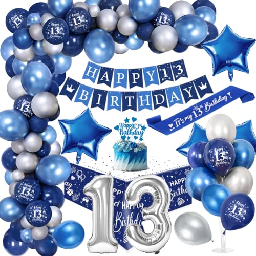 13. Geburtstagdeko Junge, 13 Jahre Blau Silber Balloon Arch Kit mit Happy Birthday Banner, Cake Topper, Tischdecke, Geburtstag Sash, Große Anzahl 13 Ballon, Chrom Blau Silber Luftballons von YYDSXK