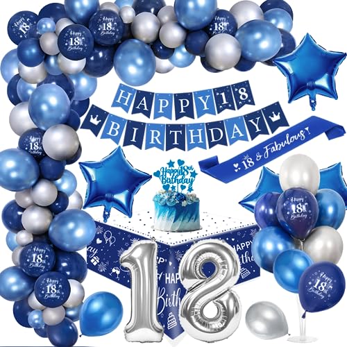 18. Geburtstagdeko Junge, 18 Jahre Blau Silber Balloon Arch Kit mit Happy Birthday Banner, Cake Topper, Tischdecke, Geburtstag Sash, Große Anzahl 18 Ballon, Chrom Blau Silber Luftballons von YYDSXK