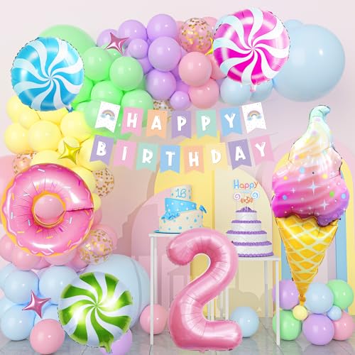 2. Geburtstagsdeko Mädchen, 115 Stück Kindergeburtstag Deko Pastell Deko Geburtstag mit Regenbogen Luftballons, Rosa Nummer 2 Ballon, Candy Donut Folienballon für 2 Jahr Mädchen Geburtstag Party Deko von YYDSXK